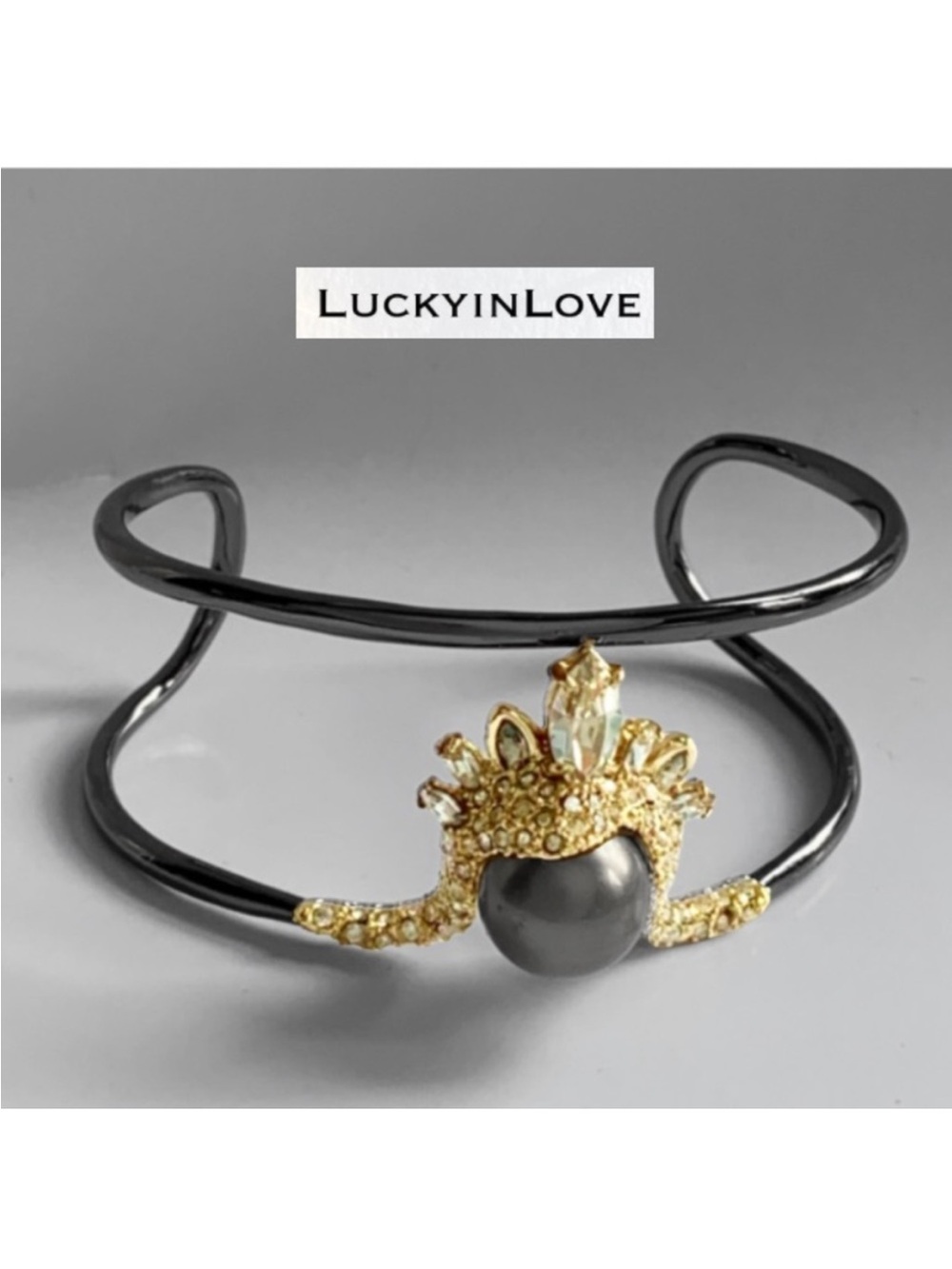 ALEXIS BITTAR • Rare Miss Havisham Pearl Crystal Marquis Black Gold Bracelet